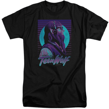Black men's tall fit t-shirt with Teen Wolf Headphone Wolf graphic