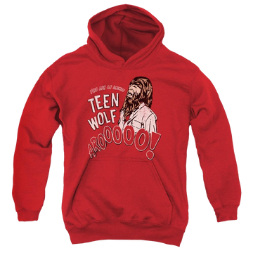Red youth hoodie for ages 8 to 12 with Teen Wolf Animal graphic