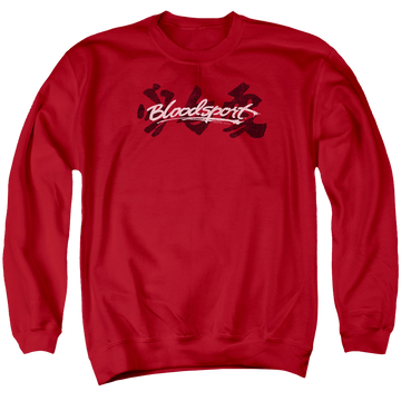 Red men's crewneck sweatshirt with Bloodsport Kanji graphic