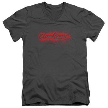Charcoal men's v-neck t-shirt with Bloodsport Blood Splatter graphic