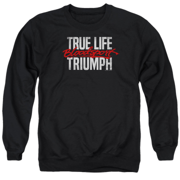 Black men's crewneck sweatshirt with Bloodsport True Story graphic