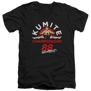 Black men's v-neck t-shirt with Bloodsport Championship 88 graphic