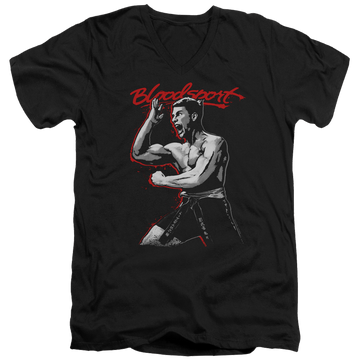 Black men's v-neck t-shirt with Bloodsport Loud Mouth graphic