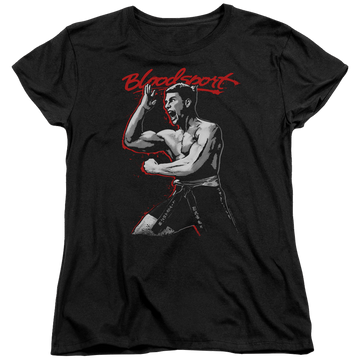 Black women's t-shirt with Bloodsport Loud Mouth graphic