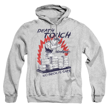 Athletic heather pullover hoodie with Bloodsport Death Touch graphic