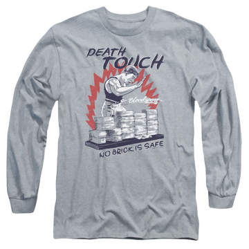 Athletic heather men's long sleeve t-shirt with Bloodsport Death Touch graphic