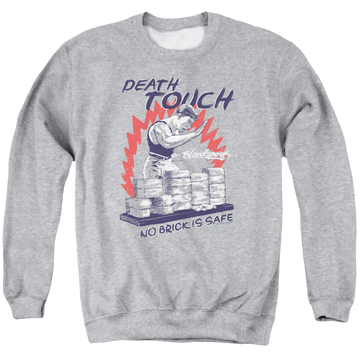 Athletic heather men's crewneck sweatshirt with Bloodsport Death Touch graphic