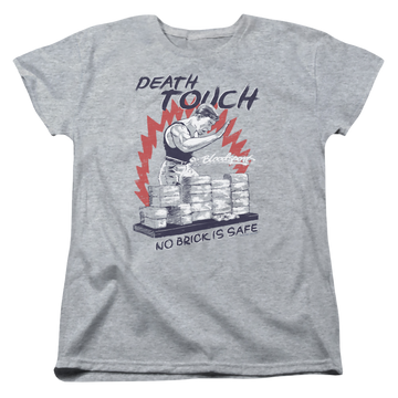 Athletic heather women's t-shirt with Bloodsport Death Touch graphic