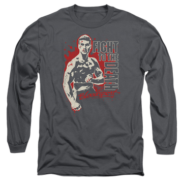 Charcoal men's long sleeve t-shirt with Bloodsport To The Death graphic