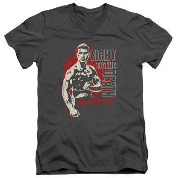 Charcoal men's v-neck t-shirt with Bloodsport To The Death graphic