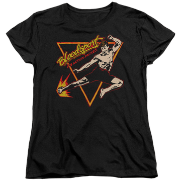 Black women's t-shirt with Bloodsport Action Packed graphic