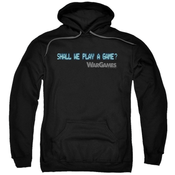 Black pullover hoodie with Wargames Shall We graphic