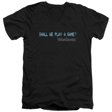 Black men's v-neck t-shirt with Wargames Shall We graphic