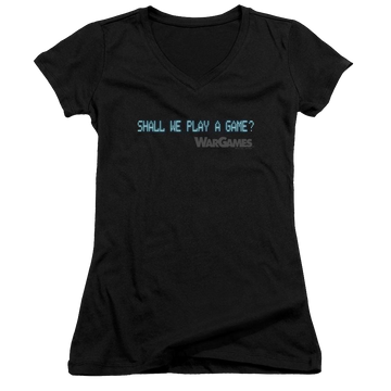 Black juniors v-neck t-shirt with Wargames Shall We graphic