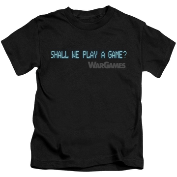 Black kid's t-shirt for ages 4 to 7 with Wargames Shall We graphic