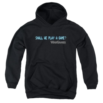 Black youth hoodie for ages 8 to 12 with Wargames Shall We graphic