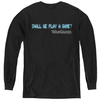 Black youth long sleeve t-shirt with Wargames Shall We graphic