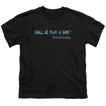 Black youth t-shirt for ages 8 to 12 with Wargames Shall We graphic