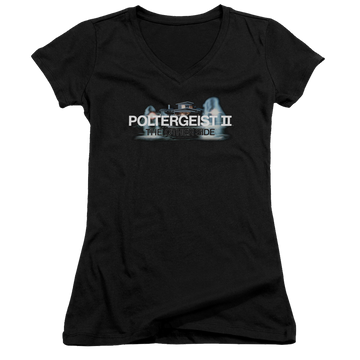 Black juniors v-neck t-shirt with POLTERGEIST II Logo graphic