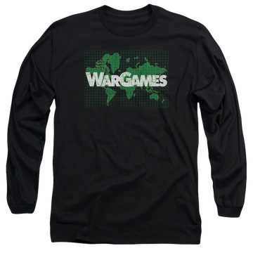 Black men's long sleeve t-shirt with Wargames Game Board graphic