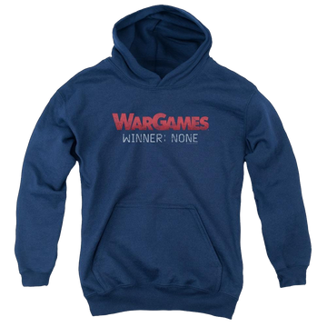 Navy youth hoodie for ages 8 to 12 with Wargames No Winners graphic
