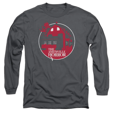 Charcoal men's long sleeve t-shirt with Amityville Horror Red House graphic