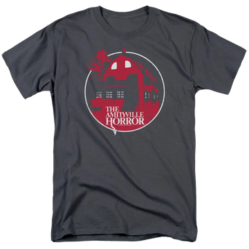 Charcoal men's regular fit t-shirt with Amityville Horror Red House graphic