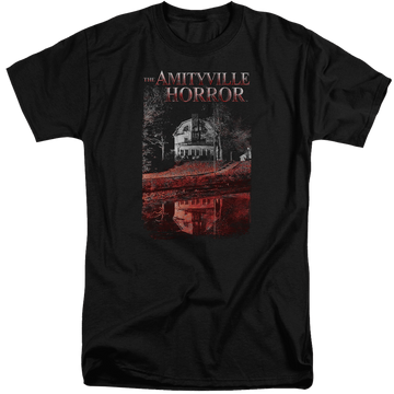 Black men's tall fit t-shirt with Amityville Horror Cold Blood graphic