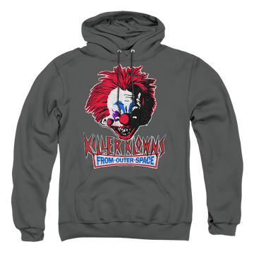 Charcoal pullover hoodie with Killer Klowns From Outer Space Rough Clown graphic