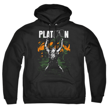 Black pullover hoodie with Platoon Graphic graphic
