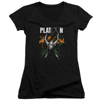 Black juniors v-neck t-shirt with Platoon Graphic graphic