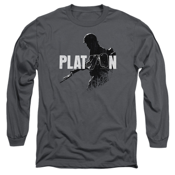 Charcoal men's long sleeve t-shirt with Platoon Shadow Of War graphic