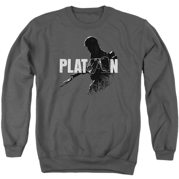 Charcoal men's crewneck sweatshirt with Platoon Shadow Of War graphic
