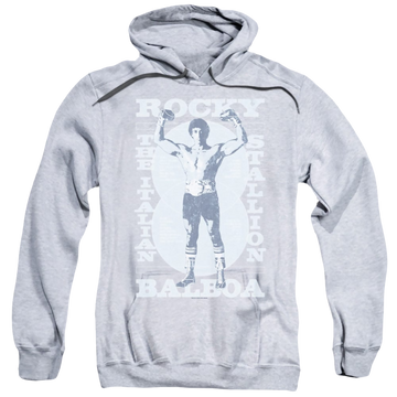 Athletic heather pullover hoodie with Rocky Gun Show graphic