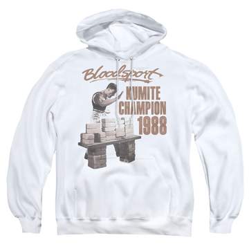White pullover hoodie with Bloodsport Dux Smash graphic