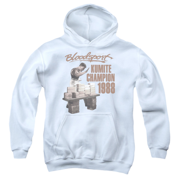 White youth hoodie for ages 8 to 12 with Bloodsport Dux Smash graphic