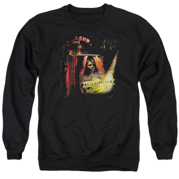 Black men's crewneck sweatshirt with Mirrormask Big Top Poster graphic