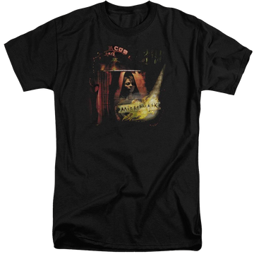 Black men's tall fit t-shirt with Mirrormask Big Top Poster graphic