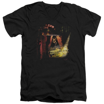 Black men's v-neck t-shirt with Mirrormask Big Top Poster graphic