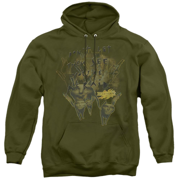 Military green pullover hoodie with Mirrormask Dont Let Them graphic