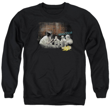 Black men's crewneck sweatshirt with Mirrormask Bob Malcolm graphic