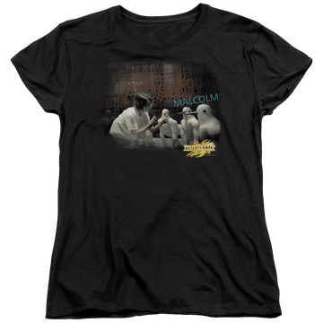 Black women's t-shirt with Mirrormask Bob Malcolm graphic