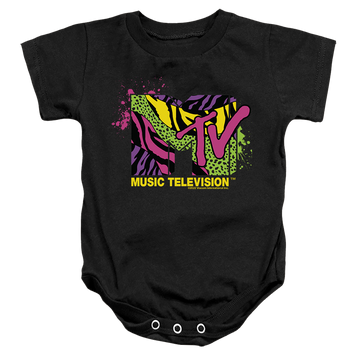 Black baby bodysuit with MTV Animal Print Logo graphic