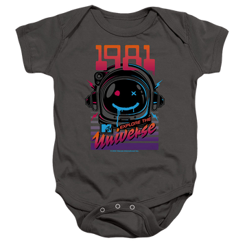 Charcoal baby bodysuit with MTV Explore The Universe Logo graphic