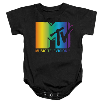 Black baby bodysuit with MTV Rainbow Logo graphic
