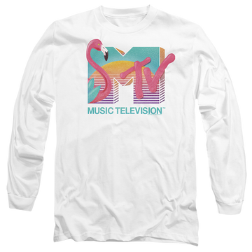 White men's long sleeve t-shirt with MTV Flamingo Logo graphic