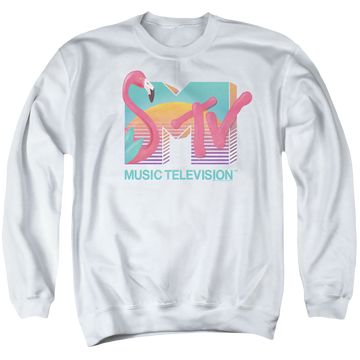 White men's crewneck sweatshirt with MTV Flamingo Logo graphic
