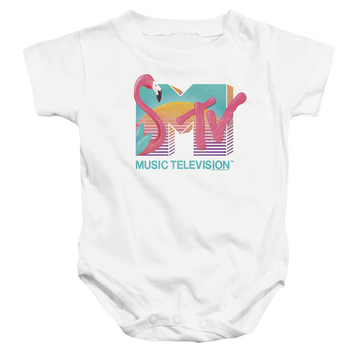 White baby bodysuit with MTV Flamingo Logo graphic
