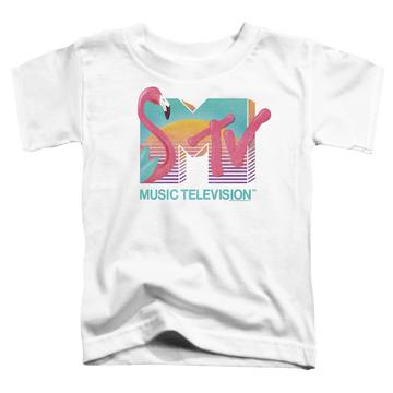 White toddler t-shirt with MTV Flamingo Logo graphic