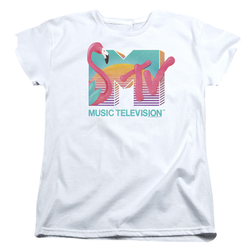 White women's t-shirt with MTV Flamingo Logo graphic